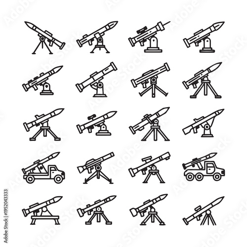 Multiple Rocket Launchers and Anti-Tank Systems on Tripod Mounts Line Art Icons