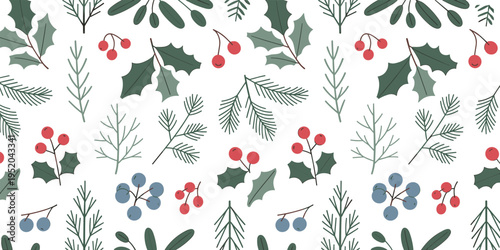 Seamless winter floral pattern with holly leaves, red berries, and evergreen pine branches for Christmas holiday background design.