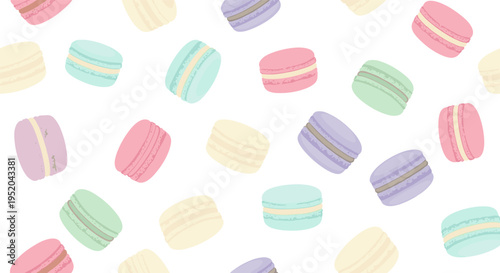 French Macarons Seamless Pattern, Pastel Sweet Dessert Cookies Flat Vector Illustration