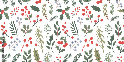 Seamless winter floral pattern with holly leaves, red berries, and evergreen pine branches for Christmas holiday background design.