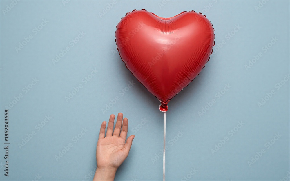 Obraz premium Red heart balloon held by a hand against a soft blue background.