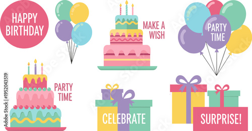 Happy Birthday Party Element Set with Cakes, Balloons, and Gift Boxes in Flat Design Style
