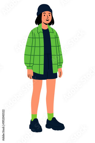 Flat cartoon young woman in green plaid oversized jacket and navy shorts with beanie hat, fashion character vector illustration