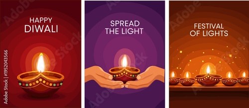 Happy Diwali Celebration Banner Set with Diya Oil Lamps and Glowing Lights in Flat Illustration Style
