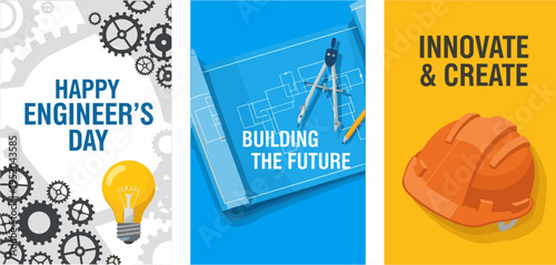 Happy Engineer's Day Poster Set with Blueprint, Gears, and Safety Helmet in Flat Design Style