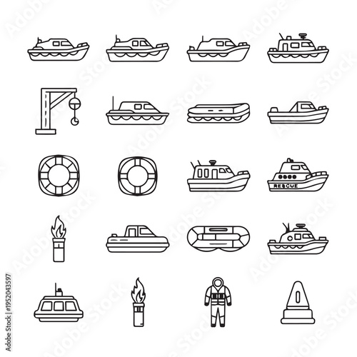 Nautical Transportation and Safety Icons: Boats Lifebuoys and Rescue Gear