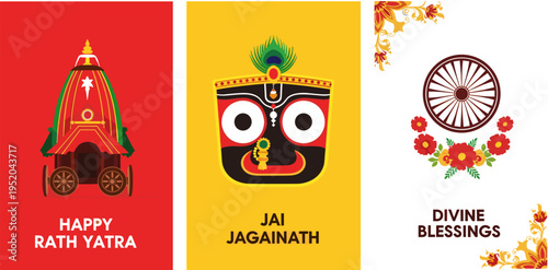 Happy Rath Yatra Celebration Banner with Lord Jagannath Face and Chariot Illustration in Flat Style
