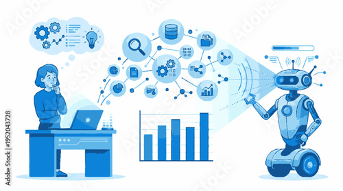 Robot and businesswoman analyzing data with graphs icons and search symbols around them in blue tones