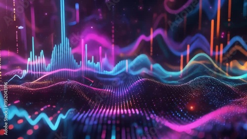 A vibrant digital landscape with undulating lines and pulses of light in shades of purple, blue, and pink against a dark background