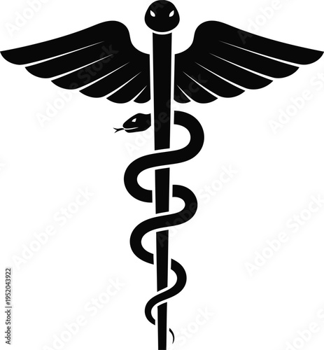 Silhouette of rod of asclepius with wings and snakes