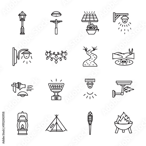 Outdoor Lighting and Camping Icons: Lamps Torches Tents and Fire PitLine Art