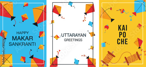 Makar Sankranti and Uttarayan Festival Greeting Banner Set with Kites and Spool in Flat Style