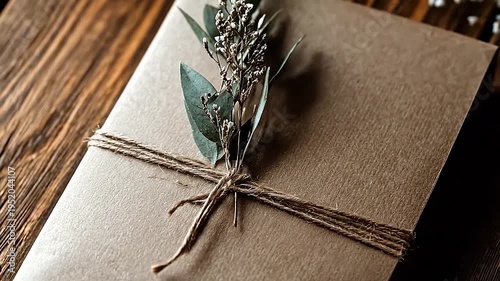 A simple gift package tied with twine and decorated with greenery