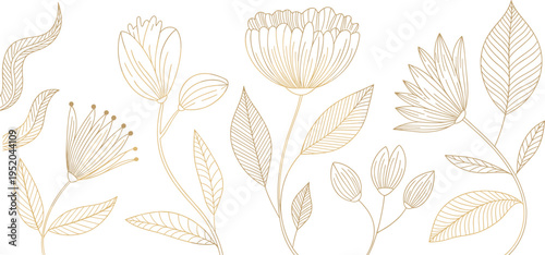 Elegant gold line art floral vector set with minimalist wildflower illustrations for luxury wedding invitations and sophisticated branding designs.