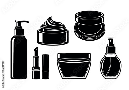 Assorted black and white skincare and makeup products arranged in a flat layout