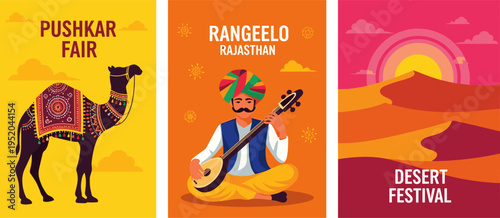 Rajasthan Tourism Banner Set with Camel, Folk Musician, and Desert Sand Dunes in Flat Design Style
