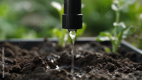 A black watering nozzle dispenses water into the dark brown soil of a plant tray