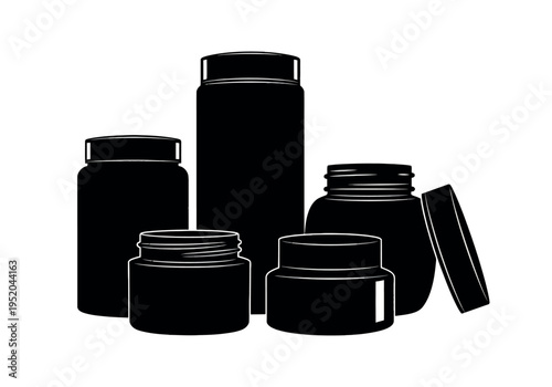Assorted black jars and containers in various sizes and lid designs