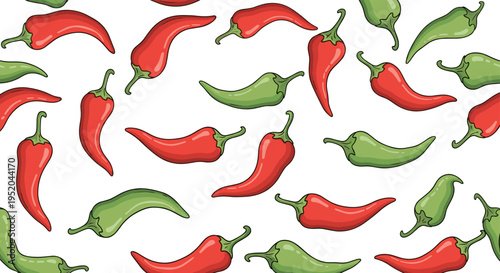 Red and Green Chili Pepper Seamless Pattern, Hot Spicy Vegetable Flat Vector Illustration