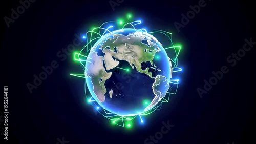 A blue and green globe centered on the Americas with neon green and blue glowing lines encircling it