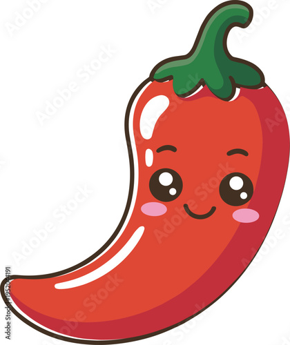 Adorable red chili pepper cartoon character with sweet kawaii face and pink cheeks isolated on white background vector illustration.