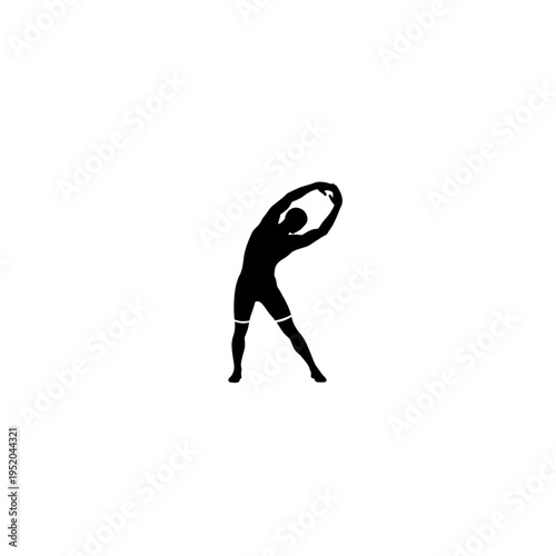 Silhouette of a person stretching their arms above their head with one bent at the elbow, emphasizing flexibility and physical fitness in a clean, minimalist design