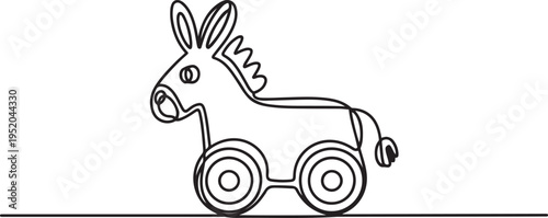 Minimalist donkey wooden wheeled toy illustrated in single line drawing style, highlighting the playful nature concept. One line draw graphic design vector