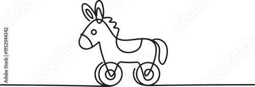 Minimalist donkey wooden wheeled toy illustrated in single line drawing style, highlighting the playful nature concept. One line draw graphic design vector