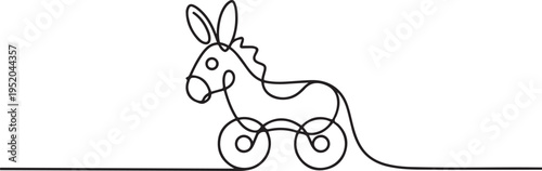Minimalist donkey wooden wheeled toy illustrated in single line drawing style, highlighting the playful nature concept. One line draw graphic design vector