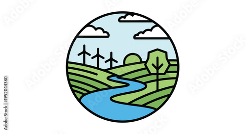 Renewable energy sources power a serene landscape with a river AiZaSyBVm757CnfUJlckycs7mUCSrrBJqwS1oAs flowing through green hills
