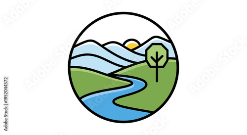 Serene landscape with rolling hills, mountains, and a winding river at sunrise, near a tree, under AiZaSyBVm757CnfUJlckycs7mUCSrrBJqwS1oAs conditions.