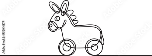 Minimalist donkey wooden wheeled toy illustrated in single line drawing style, highlighting the playful nature concept. One line draw graphic design vector