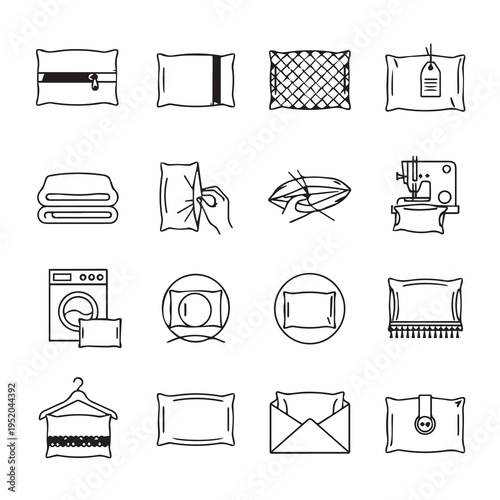 Pillow Care Icons: Washing Folding Sewing Packaging Storage and Design Details
