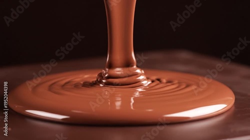 A close-up view of rich, smooth, brown liquid chocolate pouring onto a flat surface