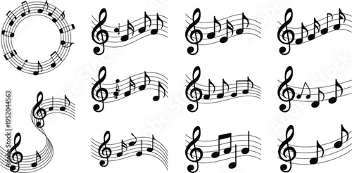 Set of black music notes on wavy and circular staves for creative musical backgrounds, event posters, and artistic branding.