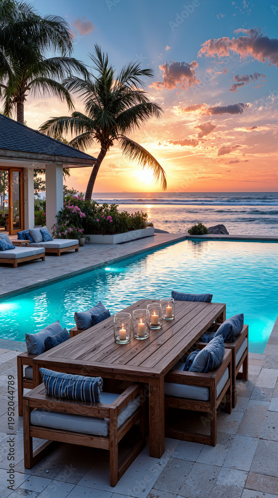 Fototapeta premium Luxury Tropical Villa with Infinity Pool and Ocean View at Sunset created with Generative AI Technology, ai, generative