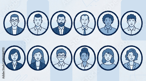 Diverse vector team avatars collection in blue tones for business and professional use cases