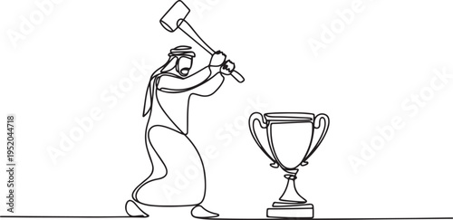 Single continuous line drawing Arabian businessman preparing to hit big trophy. Rampage. Expressing mounting anger. Smashing the trophy with a sledgehammer. One line draw graphic design vector