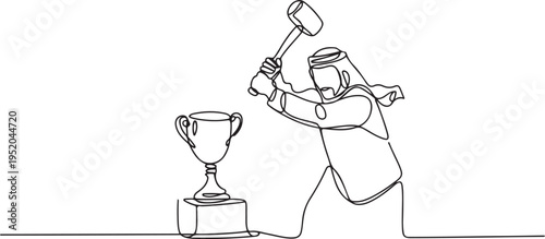 Single continuous line drawing Arabian businessman preparing to hit big trophy. Rampage. Expressing mounting anger. Smashing the trophy with a sledgehammer. One line draw graphic design vector