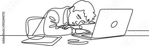 Single continuous line drawing of young sleepy male worker fall asleep on laptop while he was working on his desk. Work fatigue at the office concept. One line draw graphic design vector