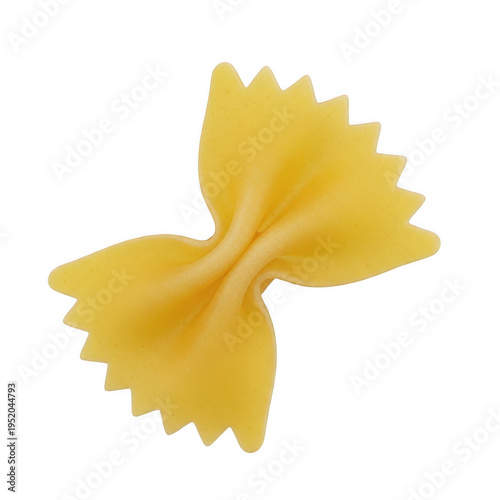A single piece of buttery yellow farfalle pasta in a delicate bow shape