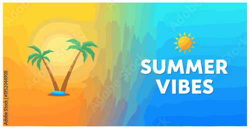 Summer Vibes Tropical Beach Banner with Palm Trees and Sunset, Flat Illustration Art