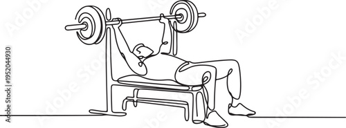 Single continuous line drawing of young sportive man training lifting barbell on bench press in sport gymnasium club center. Fitness stretching concept. One line draw graphic design vector