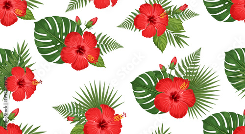 Tropical Hibiscus Flower Seamless Pattern, Red Floral with Monstera Leaves Flat Illustration