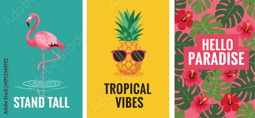 Tropical Summer Poster Set with Flamingo, Pineapple with Sunglasses, and Hibiscus in Flat Design Style