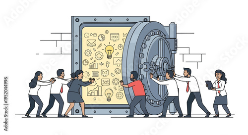 Vector illustration of people pushing large safe with ideas and light bulb inside