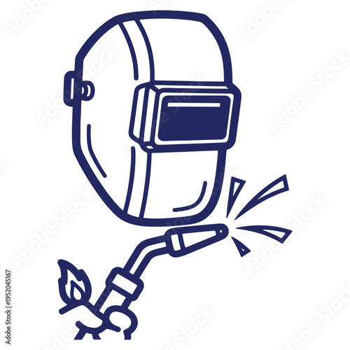 Welder wearing protective helmet using welding torch for industrial metal work in blue line illustration on white background