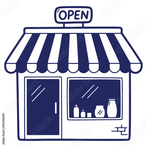 Whimsical storefront illustration with open sign and striped awning perfect for local business promotion and marketing materials creation