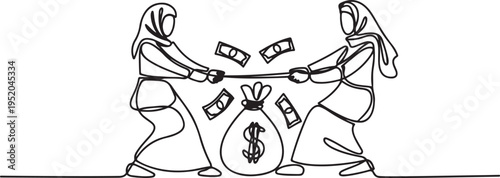 Single one line drawing two greedy Arabian businesswomen fighting over a money bag. Compete to get as much profit as possible. Market price destroyer One line draw graphic design vector
