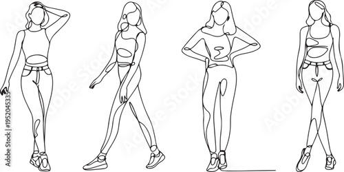 vector drawings on the theme of beautiful slim sporty girl in casual clothes in various poses painted ink hand sketch. One line draw graphic design vector